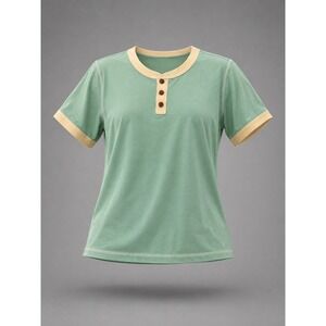 NIB, Mint Green Henley Short Sleeve Ringer Contrast Trim Top Size M LC25230673